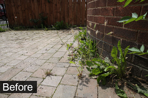 Another view of block paving, before jet washing, showing dirt and weeds.